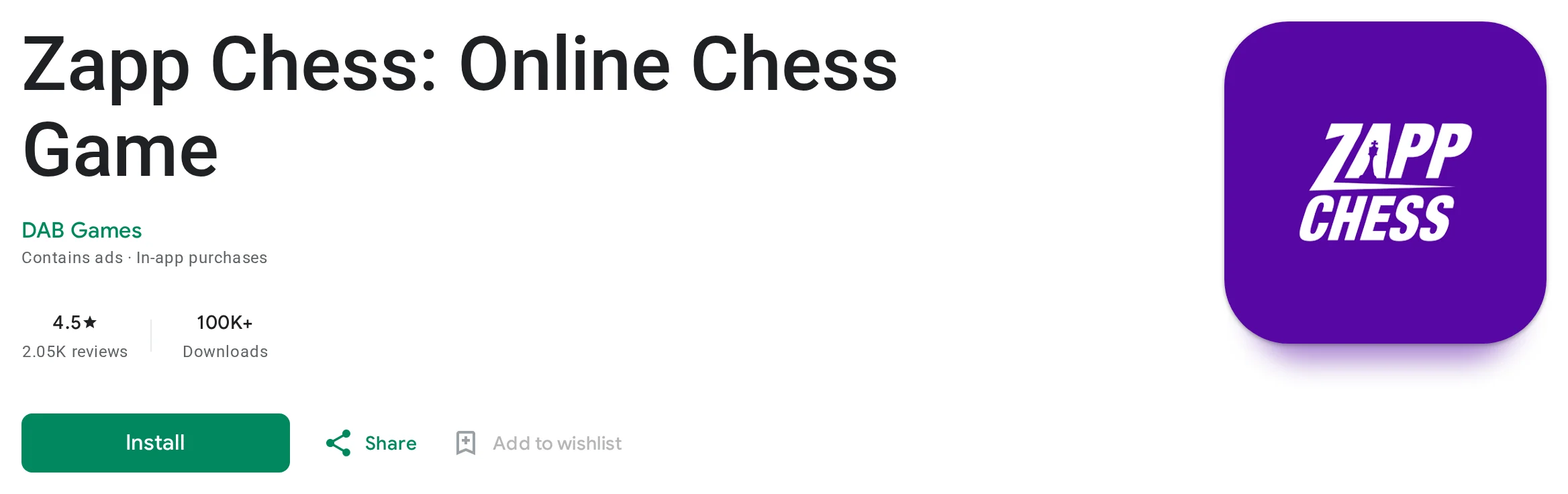 Zapp Chess listing on Google Play showing a 4.5 star rating